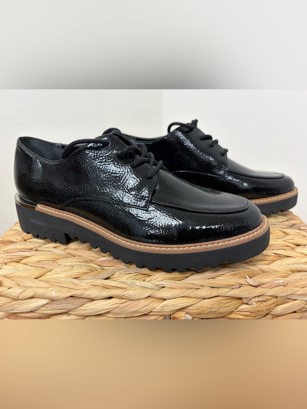Franco Sarto Black Patent Lace-Up Derby with Tan Welt